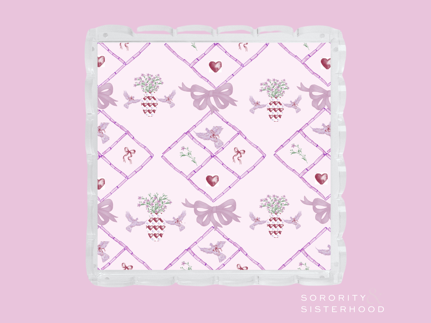 Square scalloped tray with pink lavender bow and heart pattern on white background.