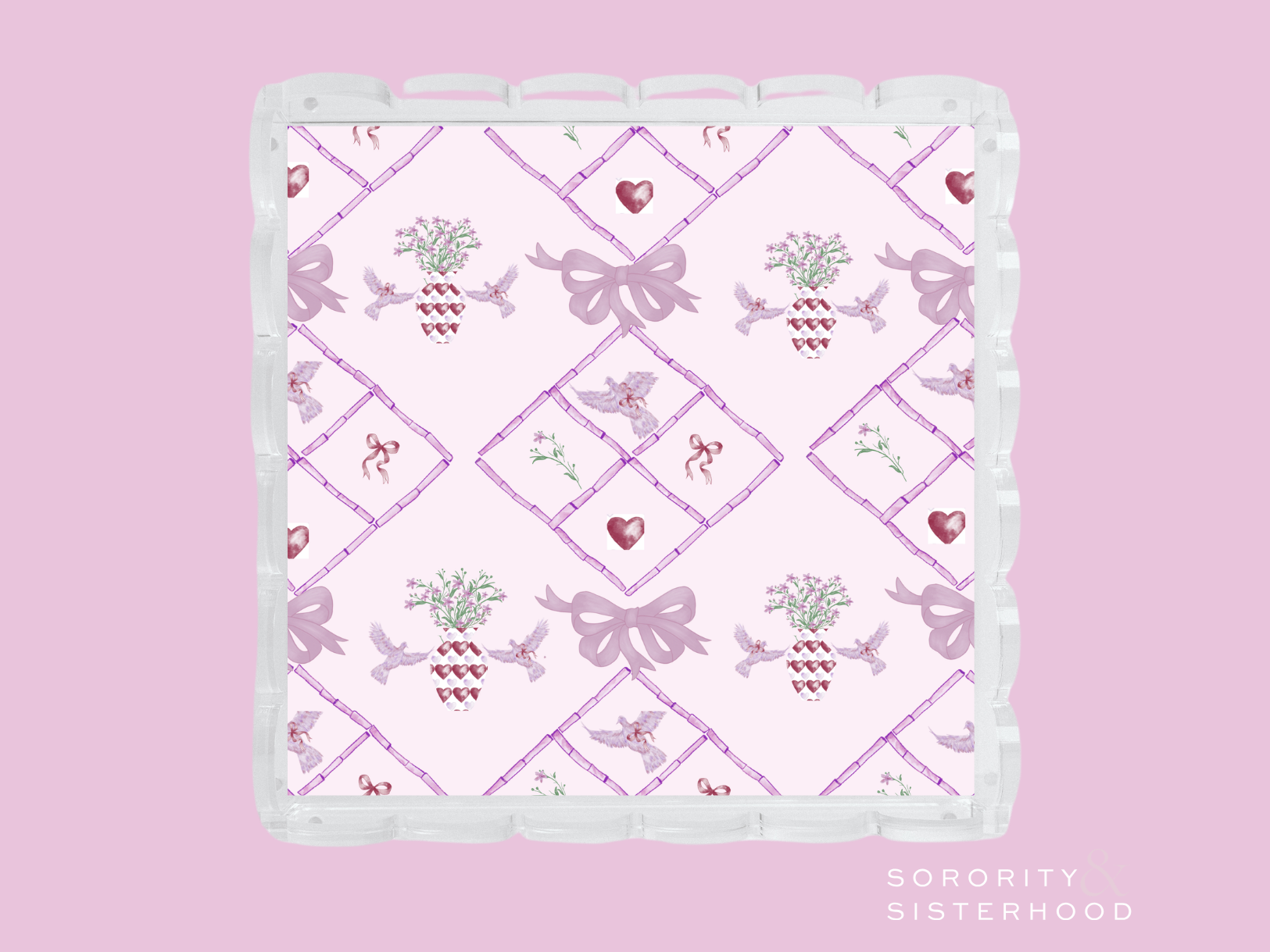 Square scalloped tray with pink lavender bow and heart pattern on white background.