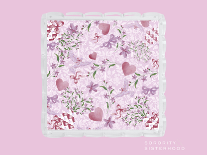 Square ceramic tray with scalloped edges, pink floral and heart pattern, Sigma Kappa logo in corner.