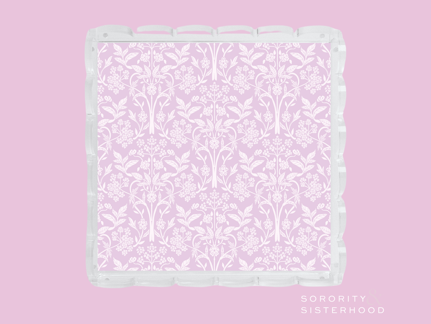 Lavender scalloped tray with white damask pattern and glossy scalloped edges.