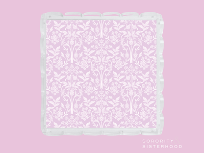 Lavender scalloped tray with white damask pattern and glossy scalloped edges.