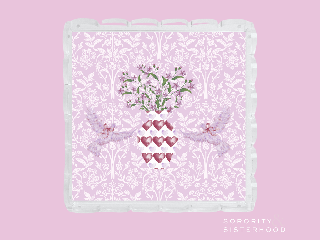 Lavender scalloped tray with white damask pattern and Sigma Kappa emblem in center.