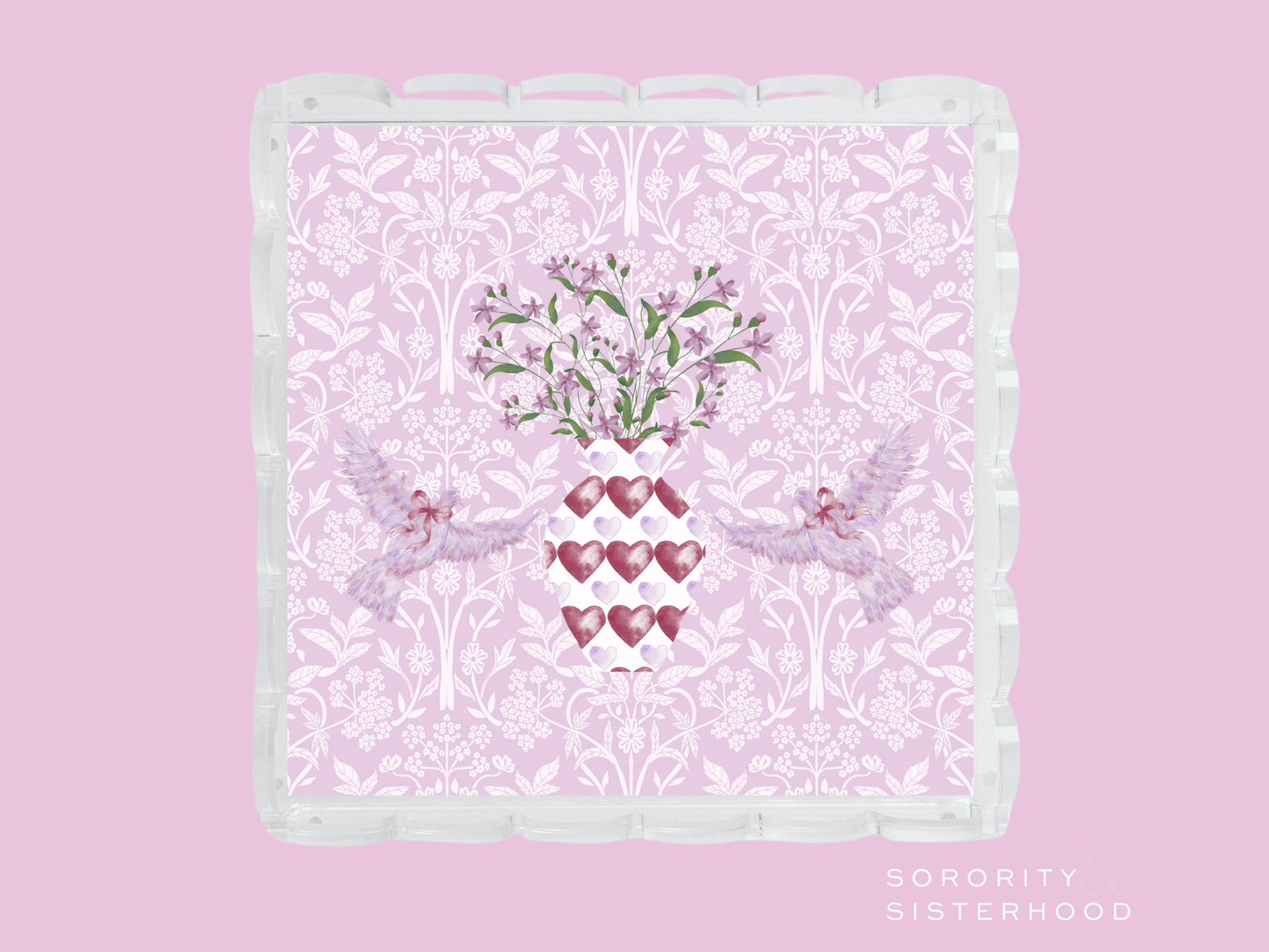 Lavender scalloped tray with white damask pattern and Sigma Kappa emblem in center.