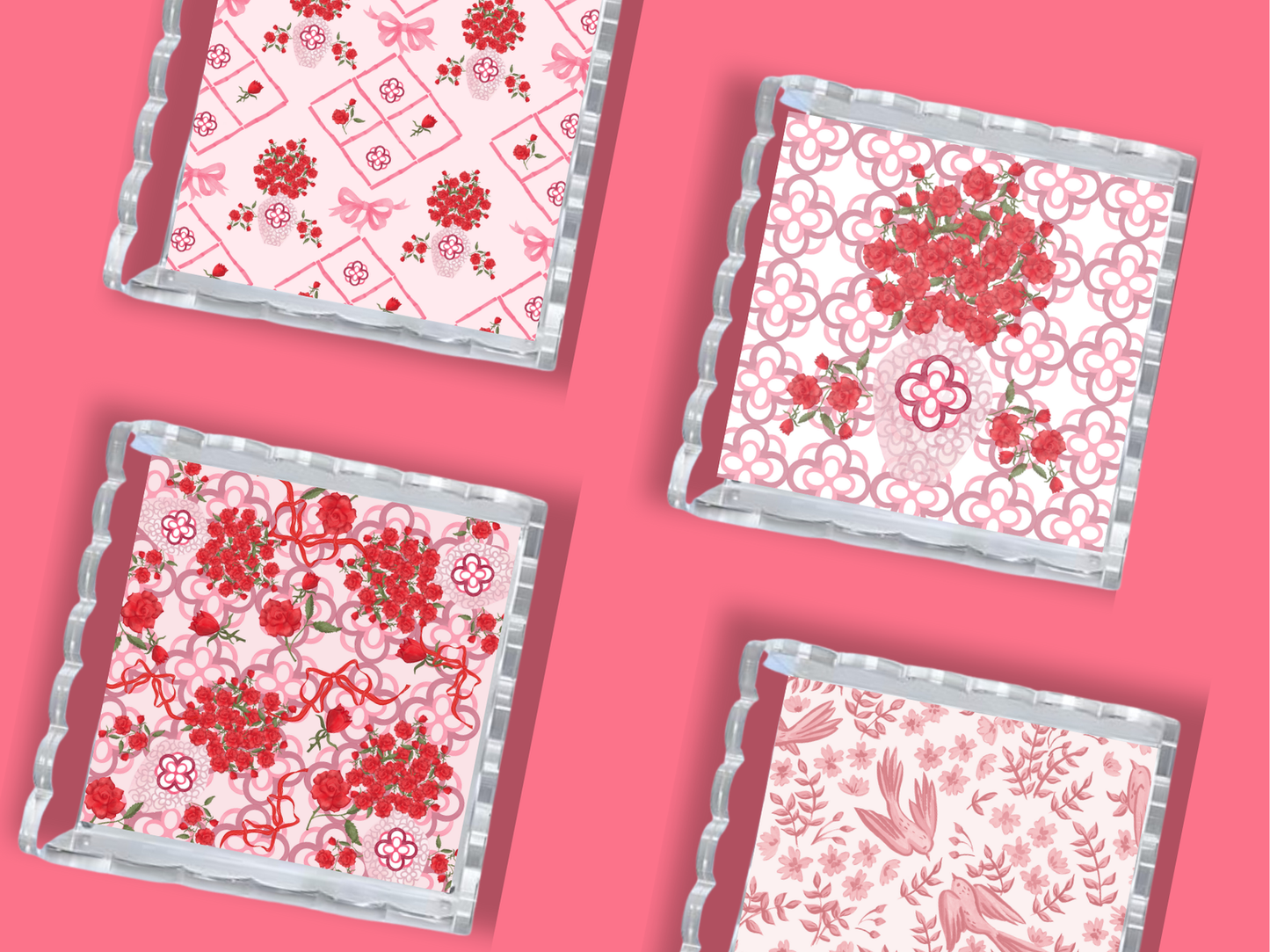 Set of four square acrylic trays with scalloped edges, featuring red, pink, and white floral and geometric patterns.