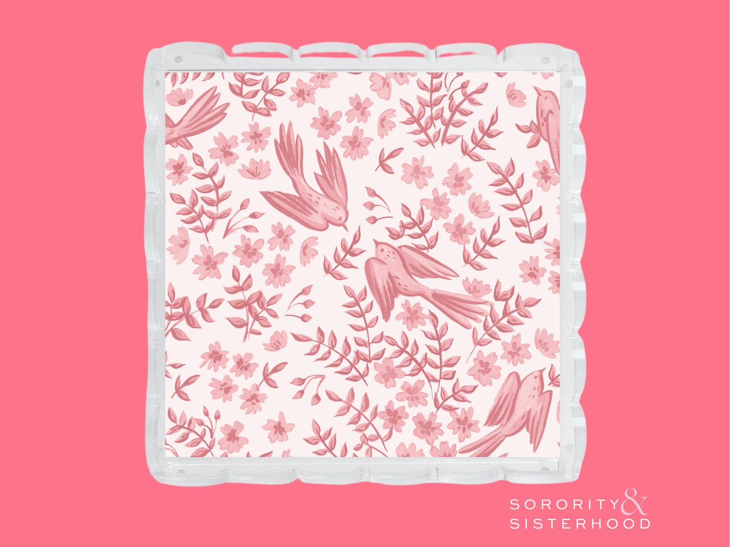 Square acrylic tray with scalloped edges and pink floral and leaf pattern.