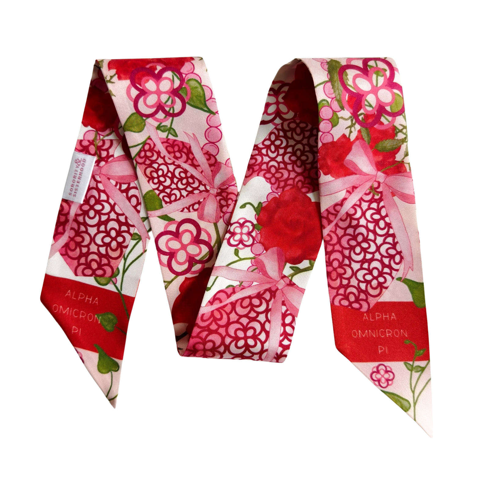 Red and pink floral Alpha Omicron Pi scarflette with geometric and floral patterns, tapered ends.