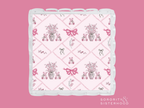 Square acrylic tray with scalloped edges, featuring pink floral bouquets, bows, and Alpha Phi symbols on a white background.