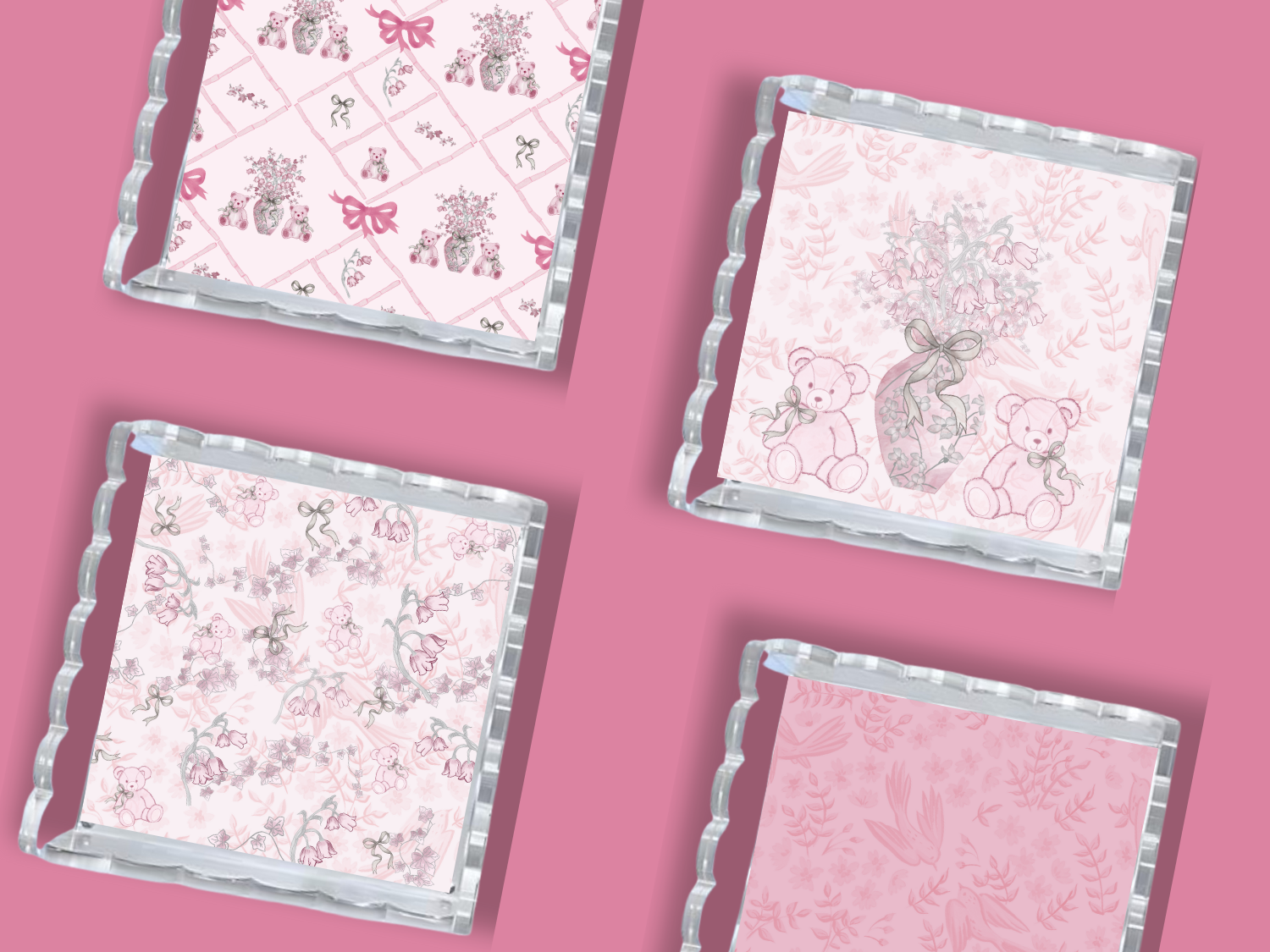 Set of four square acrylic trays with scalloped edges, each featuring pink and white patterns including alphabets, teddy.