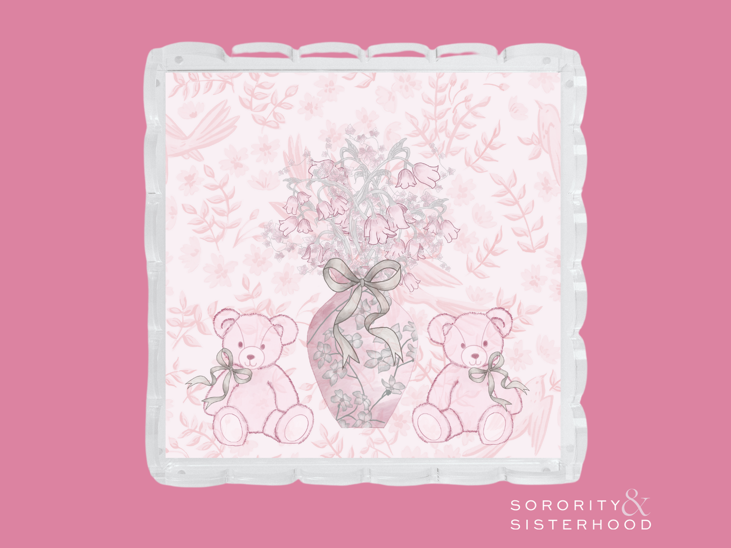 Clear acrylic tray with scalloped edges, pink floral background, and teddy bears holding a ribboned vase illustration.