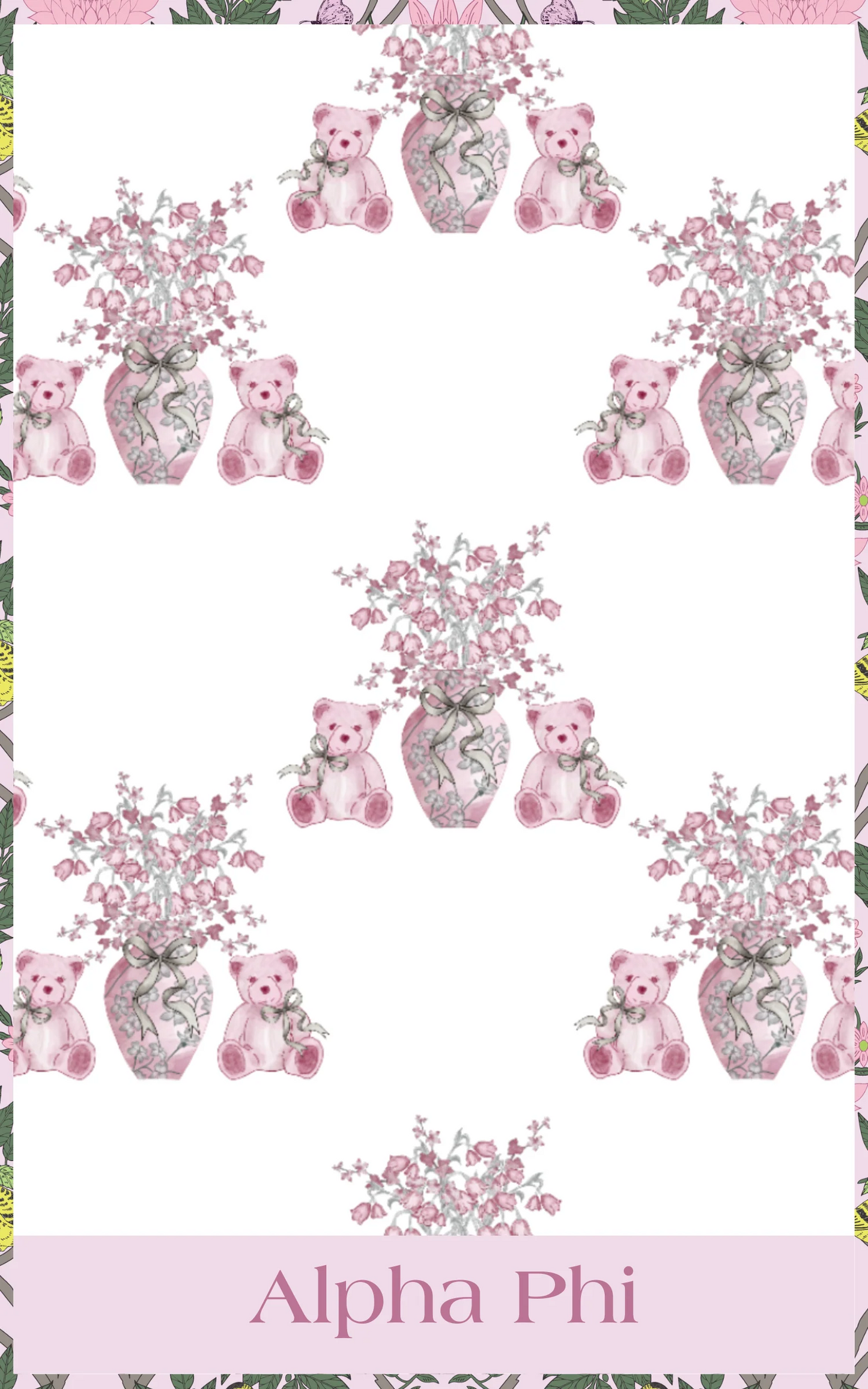 White pajama shorts with pink teddy bears holding bouquets and pink Alpha Phi logo band waistband.