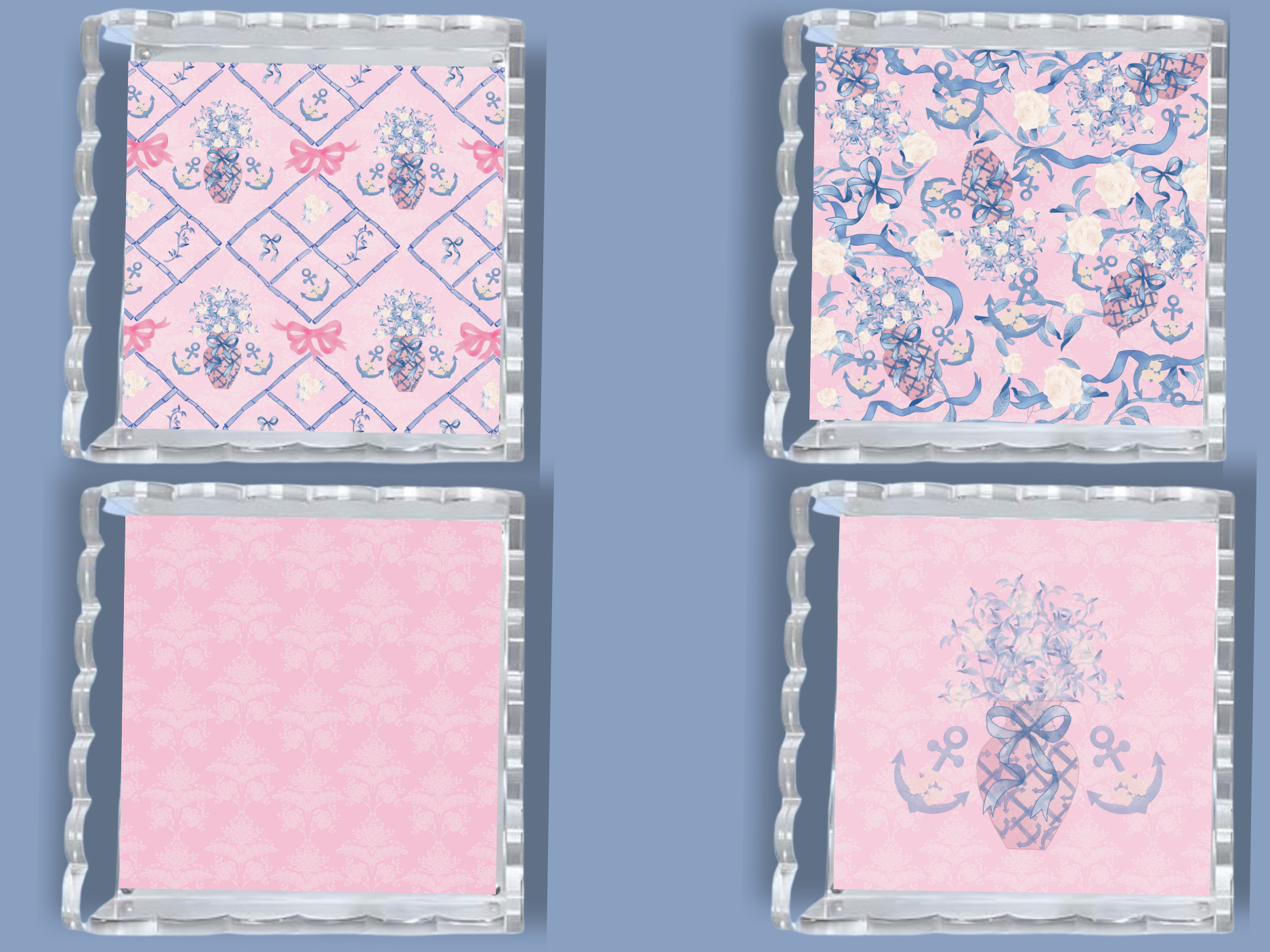 Set of two square acrylic trays with scalloped edges, featuring pink backgrounds and blue nautical and floral motifs.