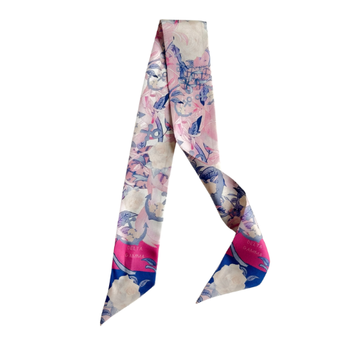 Silk scarflette with pink, blue, and cream floral print and deep pink border accents.