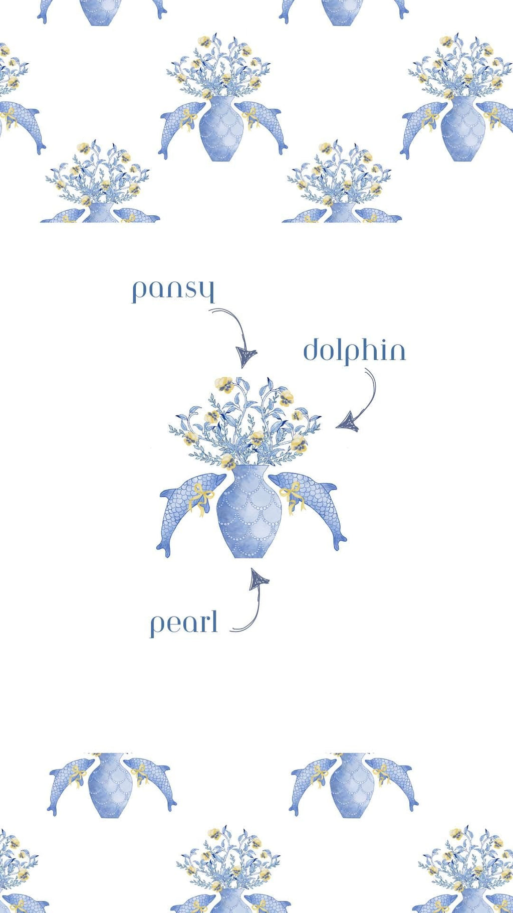 White pajama shorts with blue dolphin and pearl floral pattern and repeated design.