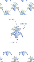 White pajama shorts with blue dolphin and pearl floral pattern and repeated design.