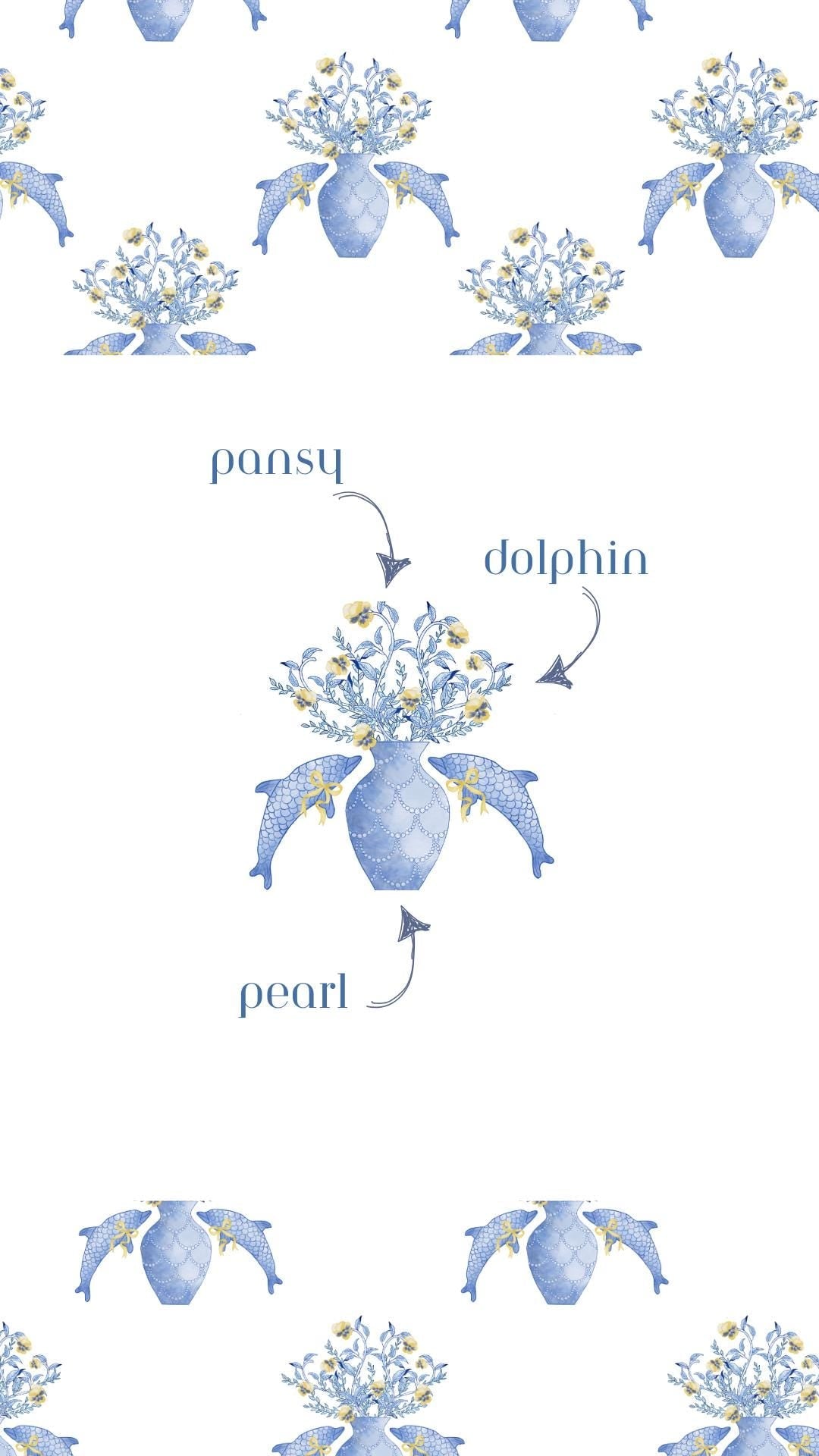 White pajama shorts with blue dolphin and pearl floral pattern and repeated design.