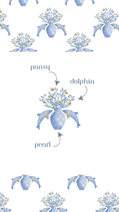 White pajama shorts with blue dolphin and pearl floral pattern and repeated design.