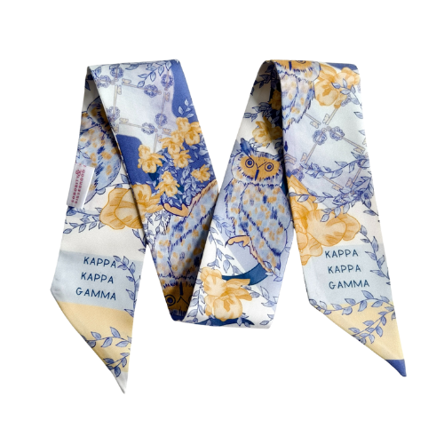 Silk scarflette in white, blue, and yellow with floral and chain patterns, Kappa Kappa Gamma text.