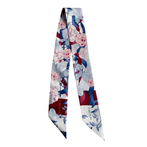 Blue and burgundy floral printed silk scarflette with pointed ends.