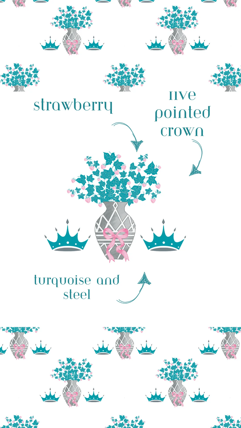 White pajama shorts with turquoise and steel five-pointed crown and strawberry pattern.