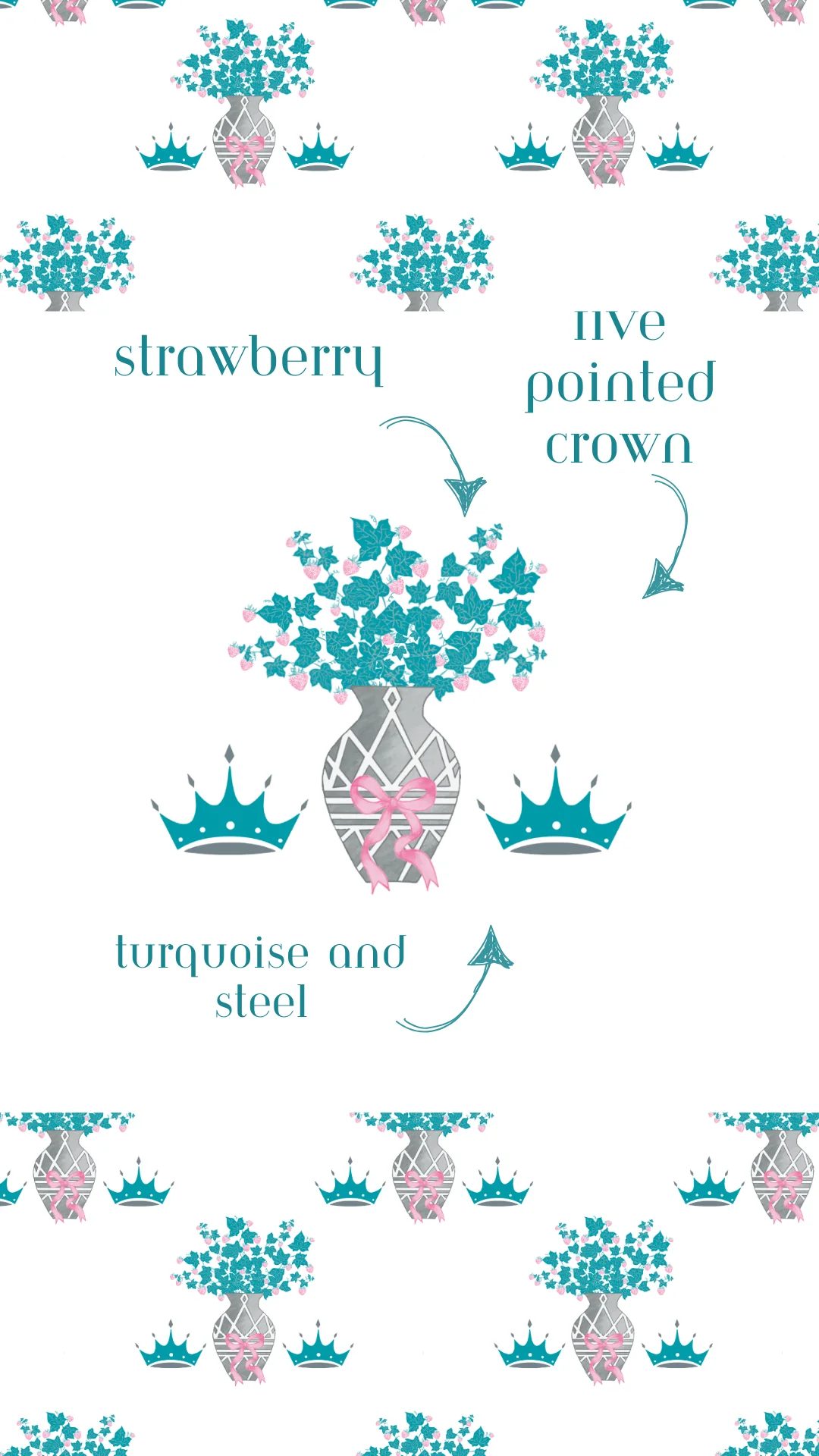 White pajama shorts with turquoise and steel five-pointed crown and strawberry pattern.